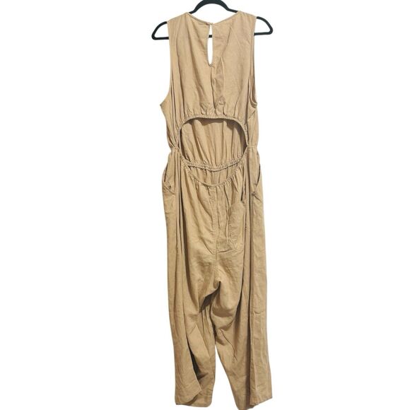 Universal Thread Linen Jumpsuit Plus Sz XXL Tan VNeck Cutout Back Elastic Waist - Picture 6 of 9